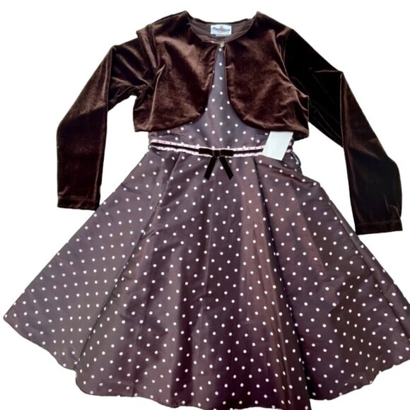Rare Editions NWT Girls Velvet Cardigan Dress Set Brown Pink Polka Dots Midi 16 - Picture 1 of 14